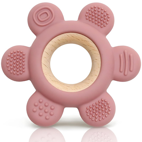 Silicone Teether Ring for Babies – 6 Multi-Texture Chew Points + Natural Wood Grip – Pastel Multicolour