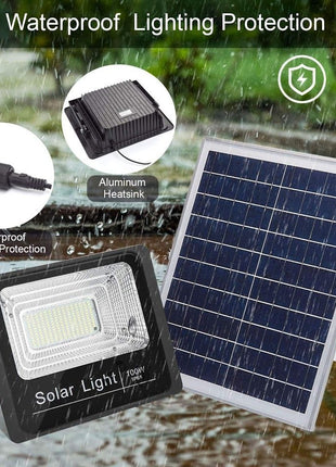 Solar Flood Light 100W Outdoor – 20W Polycrystalline Panel + IP65 Housing – Remote Controlled LED with Light Sensor – 120° Beam – Die-Cast Aluminium