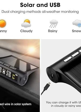 Wireless Tire Pressure Monitoring System 4-Sensor – Solar & USB Charging – 0.5–6.0 Bar – LCD Display – IP67 Sensors – Auto Sleep/Wake