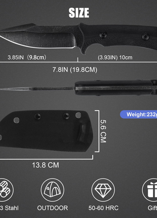 Outgear Fixed Blade Knife 9.2cm D2 Steel – Full Tang Hunting Knife with G10 Handle & Kydex Sheath – Black Tactical Survival Gear