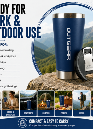 OutGear 600ml Double Wall Insulated Stainless Steel Thermos Cup with Built-In Bottle Opener, Matte Finish Navy