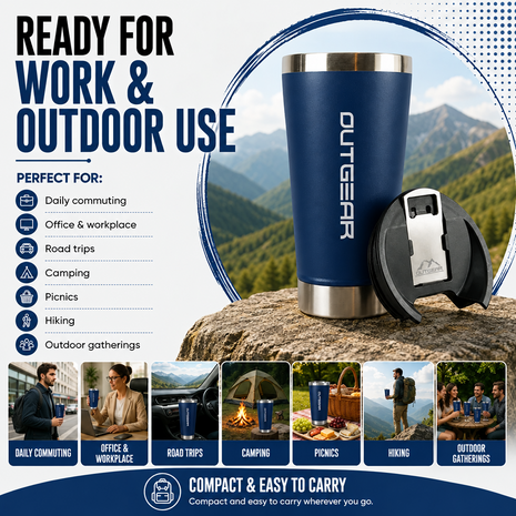 OutGear 600ml Double Wall Insulated Stainless Steel Thermos Cup with Built-In Bottle Opener, Matte Finish Navy