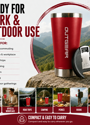 OutGear 600ml Double Wall Insulated Stainless Steel Thermos Cup with Built-In Bottle Opener, Matte Finish Red