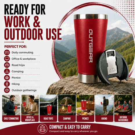 OutGear 600ml Double Wall Insulated Stainless Steel Thermos Cup with Built-In Bottle Opener, Matte Finish Red