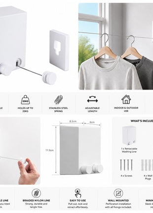 Retractable Indoor Clothesline 4.2m Wall Mounted Laundry Drying Line 20kg Capacity White