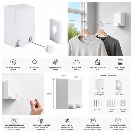 Retractable Indoor Clothesline 4.2m Wall Mounted Laundry Drying Line 20kg Capacity White