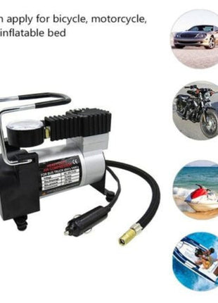 Heavy Duty DC12V Air Compressor 35L/min – Metal Construction – 140 PSI Max – with Hose & Nozzles – Black and Silver