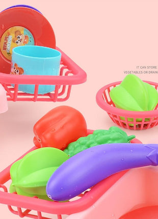 Kids Electric Play Kitchen Sink Toy Set with Running Water Faucet, 19-Piece Pretend Play Dishes & Food