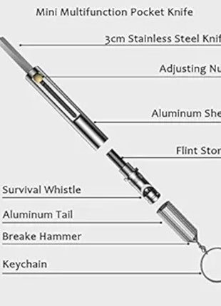 Mini Pocket Knife Keyring – 3cm Blade + Fire Starter, Whistle & Window Breaker – Aluminum Alloy Silver
