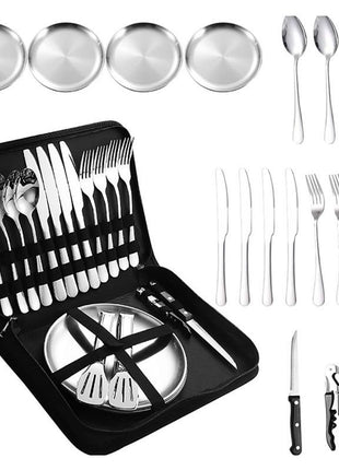 20-Piece Camping Utensil Set – Stainless Steel Outdoor Cooking Cutlery Kit with Plates, Tongs, Opener & Carry Bag