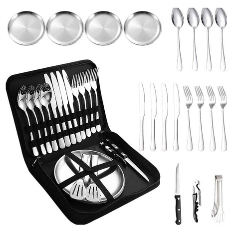 20-Piece Camping Utensil Set – Stainless Steel Outdoor Cooking Cutlery Kit with Plates, Tongs, Opener & Carry Bag