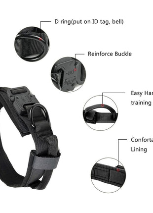 Tactical Dog Collar Large 45–66 cm Nylon – Padded Quick-Release Buckle & Handle – Black