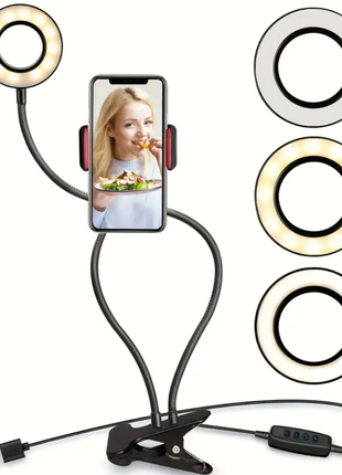 LED Ring Light 9cm – 3 Brightness Modes + Desk Clamp – USB Powered Flexible Gooseneck – Black