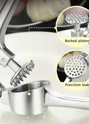 Garlic Press Tool Heavy-Duty Metal – Whole Clove Mincer – Dishwasher Safe – Silver
