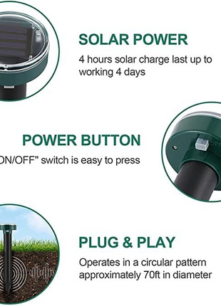 Solar Powered Mole & Rodent Repeller Spikes – 2‑Pack, Sonic + Vibration for Yard/Garden, Covers ~5 000 sq ft Each – Weather‑Resistant Green