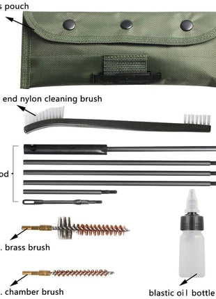 10‑Piece Rifle Cleaning Kit .22/.223/5.56 – Steel Rods, Brass & Nylon Brushes in Green Belt‑Pouch
