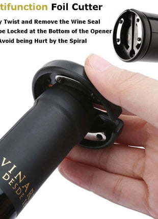 Electric Wine Opener Set – Rechargeable Corkscrew + Vacuum Stopper + Wine Pourer + Foil Cutter – Black