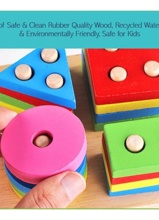 Montessori Wooden Shape Sorting Puzzle – 4-Stack Geometric Toddler Toy 12–36 Months – Water-Based Paint