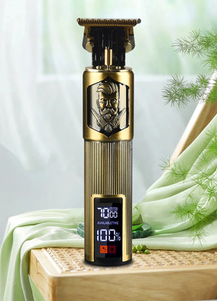 Cordless Hair Trimmer 1200mAh – Fine Steel T-Blade + USB-C + LCD Display – Gold Finish + 4 Guide Combs
