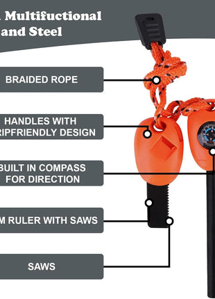 5-in-1 Fire Starter Ferro Rod 11 cm – Magnesium Flint Tool with Compass, Whistle, Scraper – Orange Survival Kit