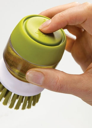 Soap Dispensing Palm Brush with Storage Stand – Refillable Dish Scrubber for Kitchen