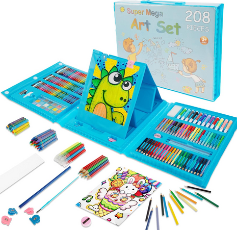 208-Piece Kids Art Set – Drawing & Painting Kit with Easel, Crayons, Pencils, Ruler, Watercolors