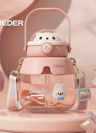 Bear 860mL Kids Water Bottle with Straw & Carry Handle Pink ABS Plastic