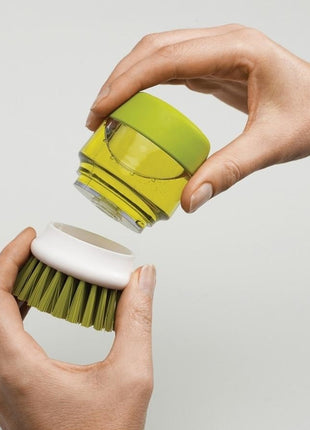 Soap Dispensing Palm Brush with Storage Stand – Refillable Dish Scrubber for Kitchen