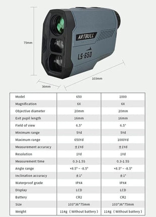 Laser Rangefinder 650Yd 6X Monocular with Slope, Height & Flag Lock – Waterproof – LS-650 – Grey