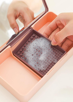 Makeup Brush Storage Box 21.7cm with Mirror and Cleaning Pad – Pink ABS 2-in-1 Cosmetic Organizer