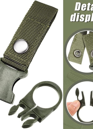 Water Bottle Holder Clip 13.5cm Nylon with Carabiner and Velcro Strap – Fits 27mm Bottles – Khaki/Black/Green