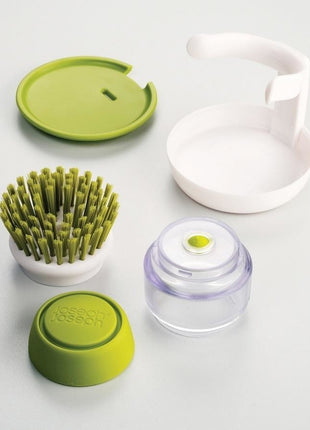 Soap Dispensing Palm Brush with Storage Stand – Refillable Dish Scrubber for Kitchen