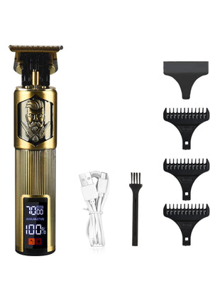 Cordless Hair Trimmer 1200mAh – Fine Steel T-Blade + USB-C + LCD Display – Gold Finish + 4 Guide Combs