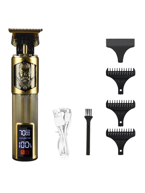 Cordless Hair Trimmer 1200mAh – Fine Steel T-Blade + USB-C + LCD Display – Gold Finish + 4 Guide Combs