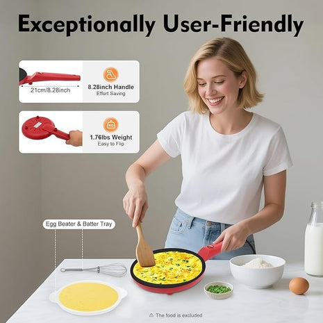 800W Electric Crepe Maker, 24 cm Non-Stick Plate, Handheld Pancake and Wrap Maker