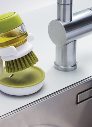 Soap Dispensing Palm Brush with Storage Stand – Refillable Dish Scrubber for Kitchen