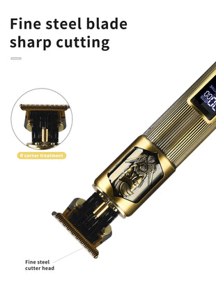 Cordless Hair Trimmer 1200mAh – Fine Steel T-Blade + USB-C + LCD Display – Gold Finish + 4 Guide Combs