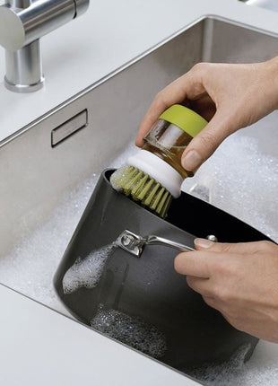 Soap Dispensing Palm Brush with Storage Stand – Refillable Dish Scrubber for Kitchen