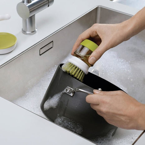 Soap Dispensing Palm Brush with Storage Stand – Refillable Dish Scrubber for Kitchen