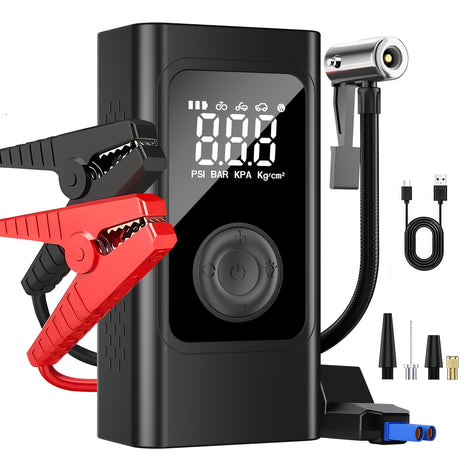 Portable Jump Starter Air Pump, ABS Plastic 12V Emergency Power Bank with Tire Pressure Display and LED Light