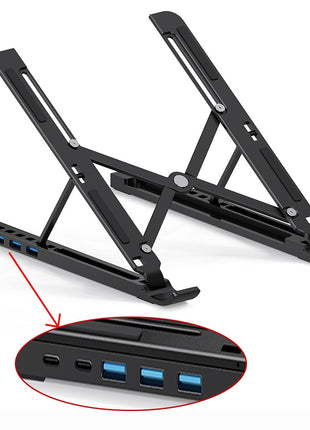 Adjustable Laptop Stand Docking Station 7-17" – Aluminium USB-C Hub with 5 Ports – Foldable, 7 Heights, Non-Slip