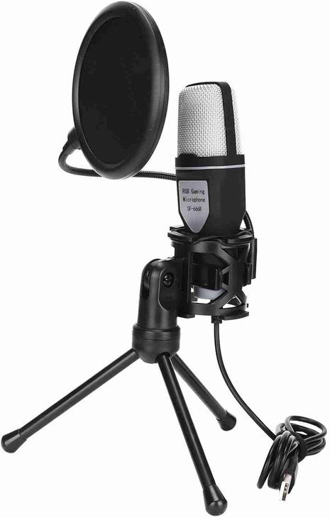 USB Condenser Microphone – 5V Plug & Play – Omnidirectional – Carbon Steel Gooseneck – RGB Lighting – Black