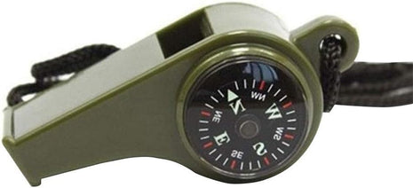 3-in-1 Emergency Survival Whistle with Compass & Thermometer – Loud Outdoor Tool – Olive Green