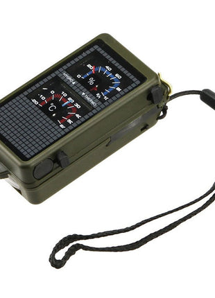 10-in-1 Survival Compass Tool with Thermometer, LED Light, Whistle & Fire Starter – Dark Green
