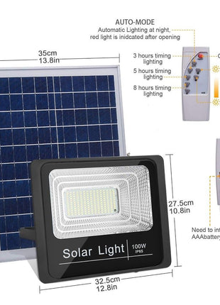 Solar Flood Light 100W Outdoor – 20W Polycrystalline Panel + IP65 Housing – Remote Controlled LED with Light Sensor – 120° Beam – Die-Cast Aluminium