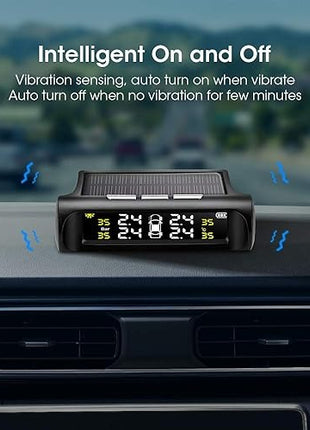 Wireless Tire Pressure Monitoring System 4-Sensor – Solar & USB Charging – 0.5–6.0 Bar – LCD Display – IP67 Sensors – Auto Sleep/Wake