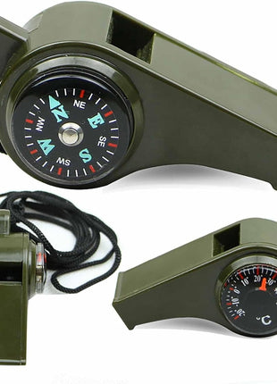 3-in-1 Emergency Survival Whistle with Compass & Thermometer – Loud Outdoor Tool – Olive Green