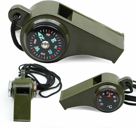 3-in-1 Emergency Survival Whistle with Compass & Thermometer – Loud Outdoor Tool – Olive Green