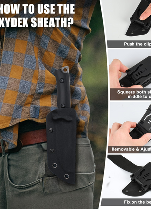 Outgear Fixed Blade Knife 9.2cm D2 Steel – Full Tang Hunting Knife with G10 Handle & Kydex Sheath – Black Tactical Survival Gear