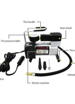 Heavy Duty DC12V Air Compressor 35L/min – Metal Construction – 140 PSI Max – with Hose & Nozzles – Black and Silver